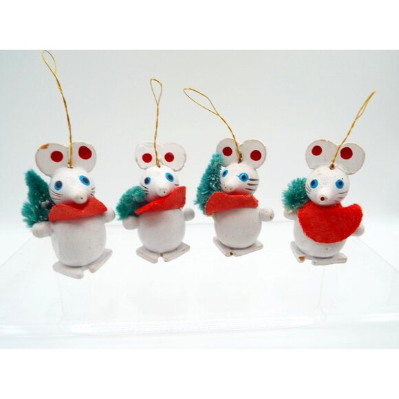Vintage Kitsch Chippy Wood Mice Christmas Ornaments Set of 4 - Picture 1 of 6
